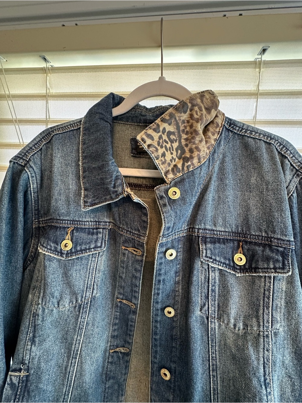 Classic Blue Denim Jacket by Suzanne Betro with Leopard Trim